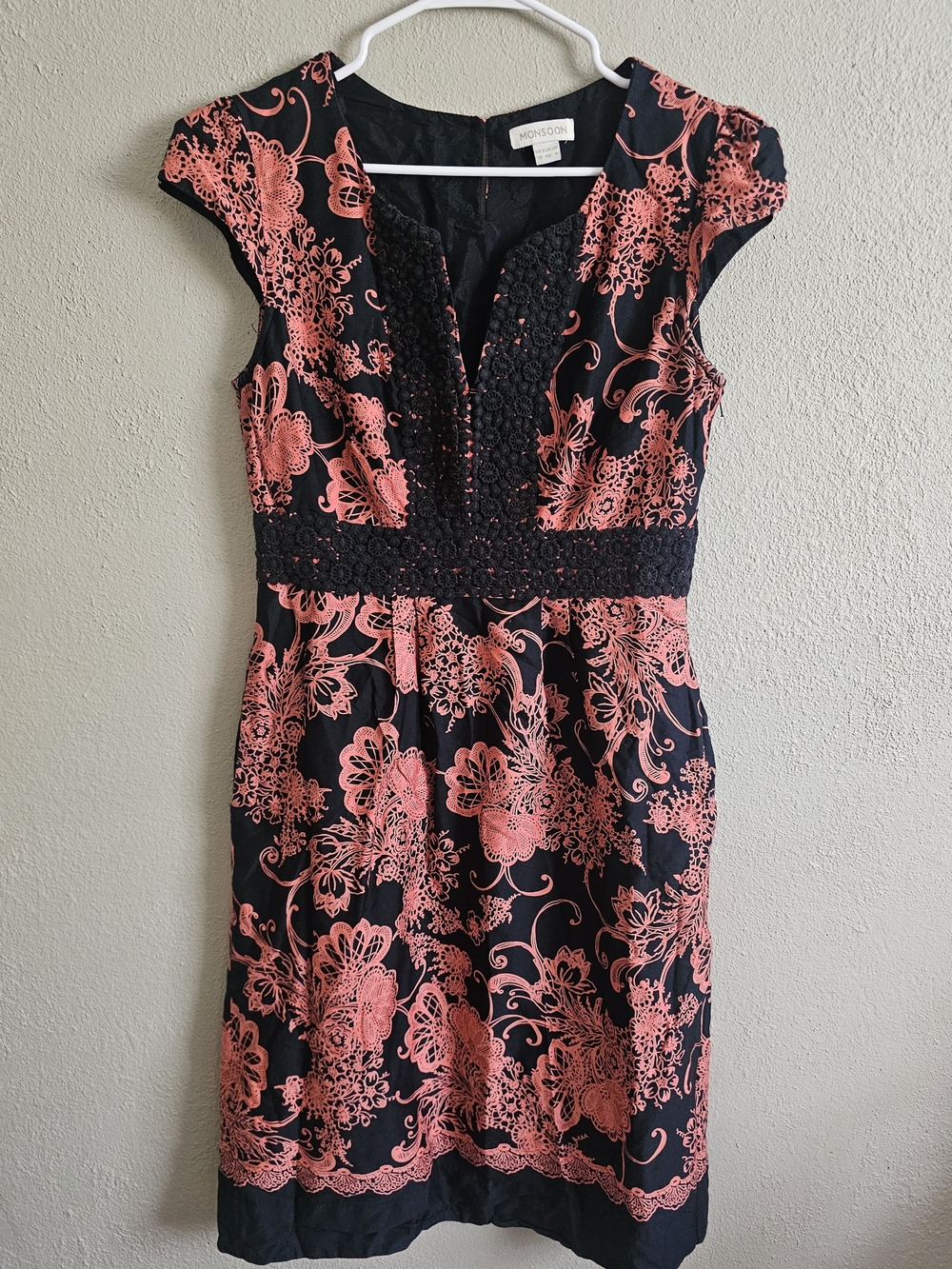 Monsoon Women's Midi Black & Coral/Pink 100% Cotton Dress V-Neck Size 8